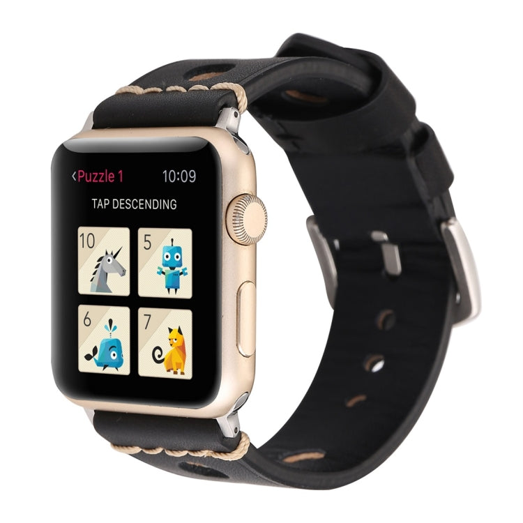 For Apple Watch Series 7 45mm / 6 & SE & 5 & 4 44mm / 42mm 3 & 2 & 1 Retro Hole Genuine Leather Wrist Watch Band