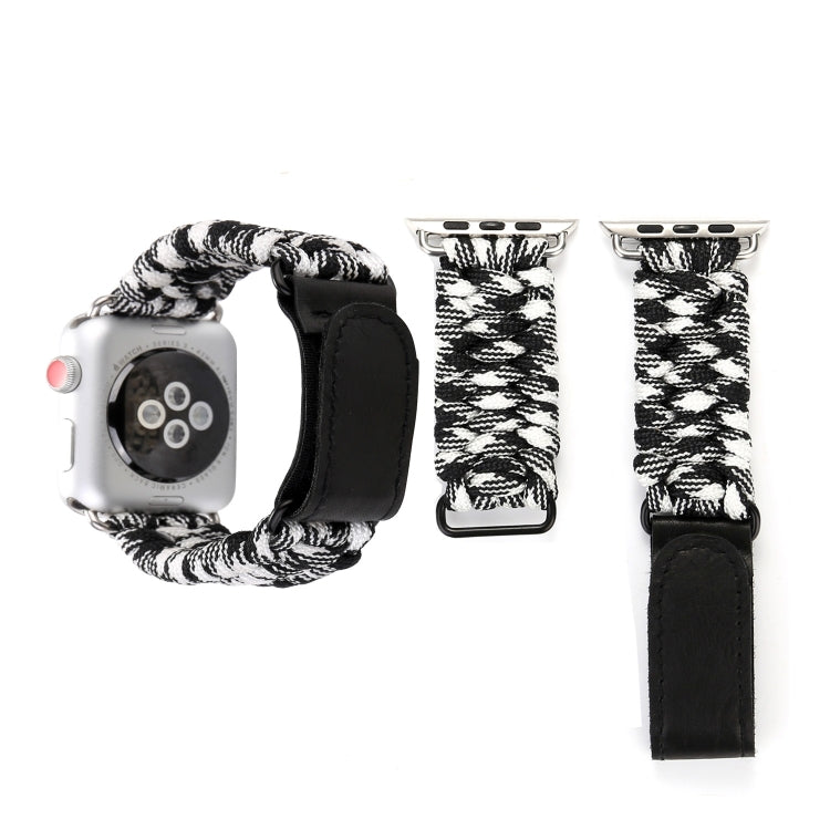 Magic Paste Genuine Leather Umbrella Rope Nylon Wrist Watch Band with and Stainless Steel Buckle for Apple Watch Series 10 42mm / 9&8&7 41mm / SE 3&SE 2&6&SE&5&4 40mm / 3&2&1 38mm