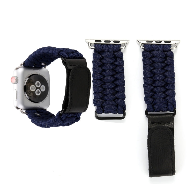 Magic Paste Genuine Leather Umbrella Rope Nylon Wrist Watch Band with Stainless Steel Buckle for Apple Watch Ultra 49mm&Watch Ultra 2 49mm / Series 10 46mm / 9&8&7 45mm / SE 3&SE 2&6&SE&5&4 44mm / 3&2&1 42mm