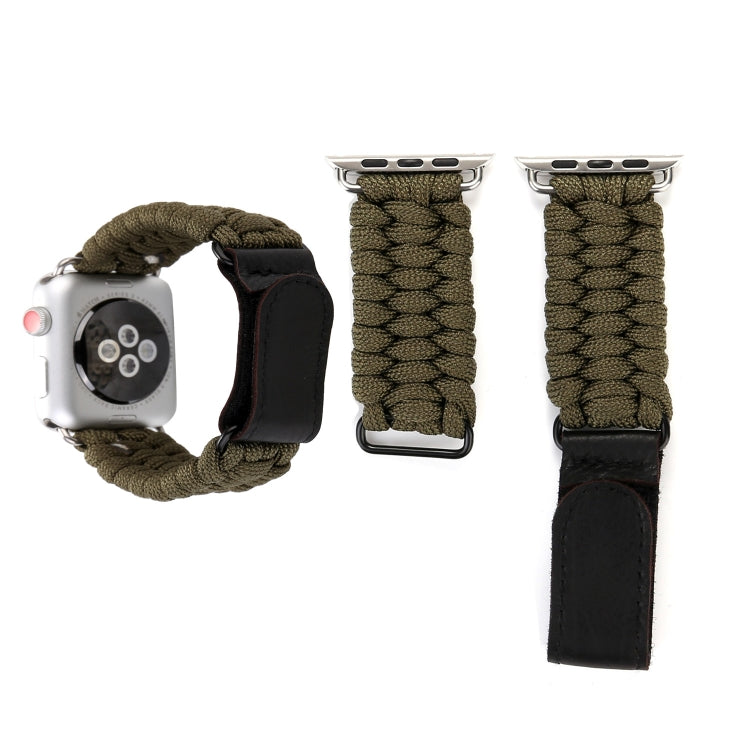 Magic Paste Genuine Leather Umbrella Rope Nylon Wrist Watch Band with Stainless Steel Buckle for Apple Watch Ultra 49mm&Watch Ultra 2 49mm / Series 10 46mm / 9&8&7 45mm / SE 3&SE 2&6&SE&5&4 44mm / 3&2&1 42mm