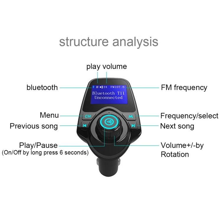 T11 Bluetooth FM Transmitter Car MP3 Player with LED Display, Support Double USB Charge & Handsfree & TF Card & U Disk Music Play Function