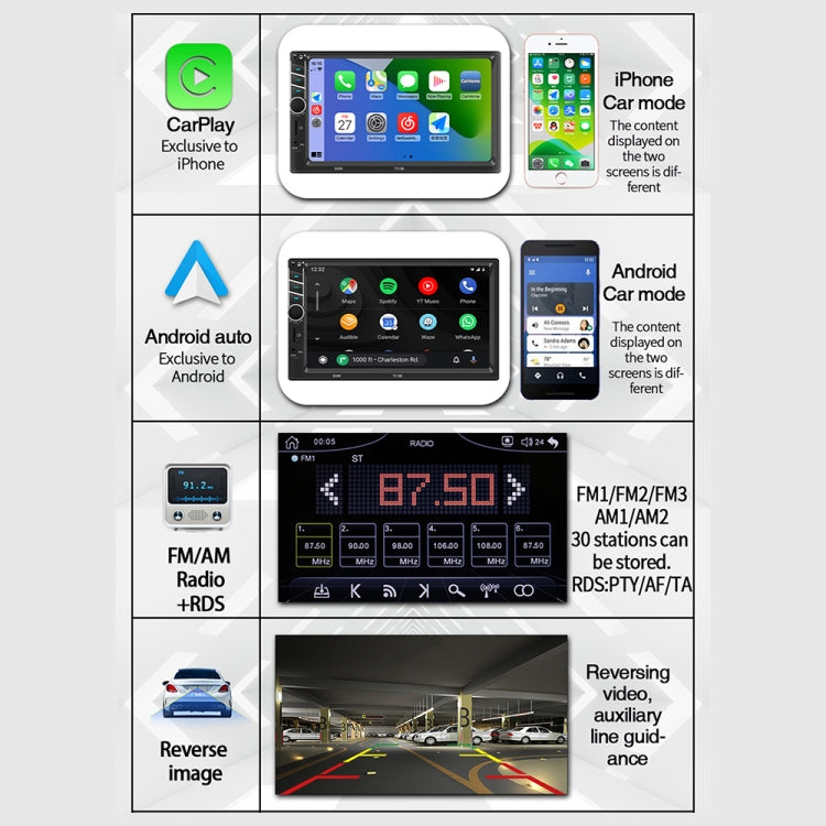 7013B HD 7 inch Car Radio Receiver MP5 Player, Support FM & Bluetooth & TF Card & Phone Link & Wired Carplay
