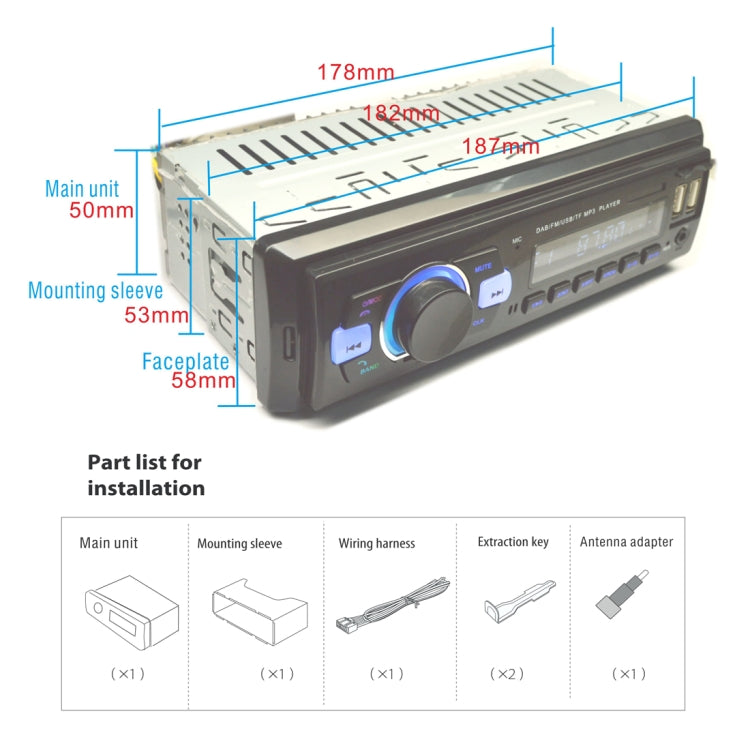 1-Din Car DAB Radio Player Stereo System FM Receiver, Support Bluetooth & U Disk & MP3 & TF Card