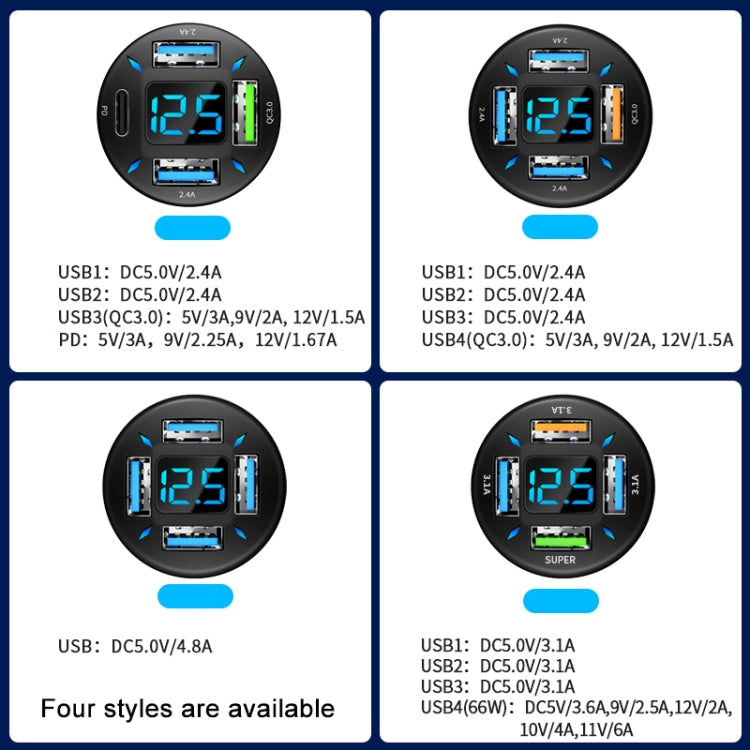4 in 1 USB PD20W+QC3.0+2.4A Digital Display Car Fast Charger