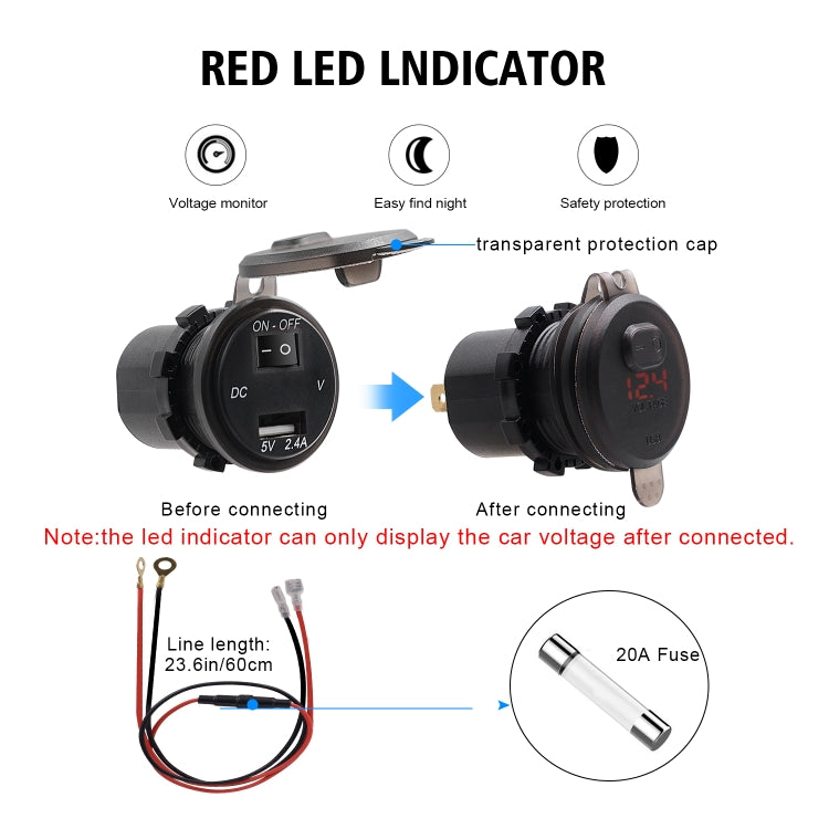 Universal Car Single Port USB Charger Power Outlet Adapter 2.4A 5V IP66 with LED Digital Voltmeter + Switch + 60cm Cable