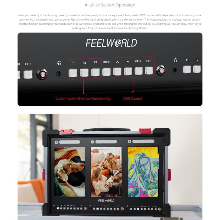 FEELWORLD PS101 Triple 10.1-inch Vertical Dispaly Carry-on Monitor High Brightness 1000nit Portable Protective Case