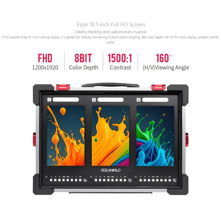 FEELWORLD PS101 Triple 10.1-inch Vertical Dispaly Carry-on Monitor High Brightness 1000nit Portable Protective Case