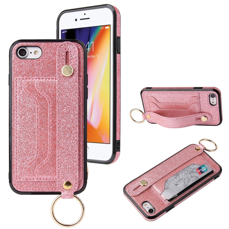 Glitter Powder PU+TPU Shockproof Protective Case with Holder & Card Slots & Wrist Strap