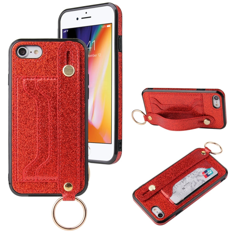 Glitter Powder PU+TPU Shockproof Protective Case with Holder & Card Slots & Wrist Strap