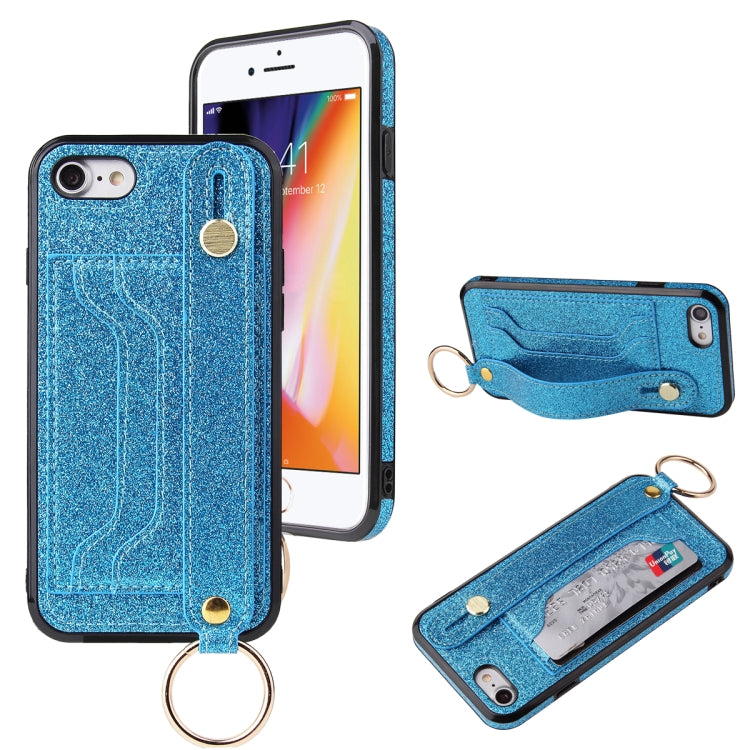 Glitter Powder PU+TPU Shockproof Protective Case with Holder & Card Slots & Wrist Strap
