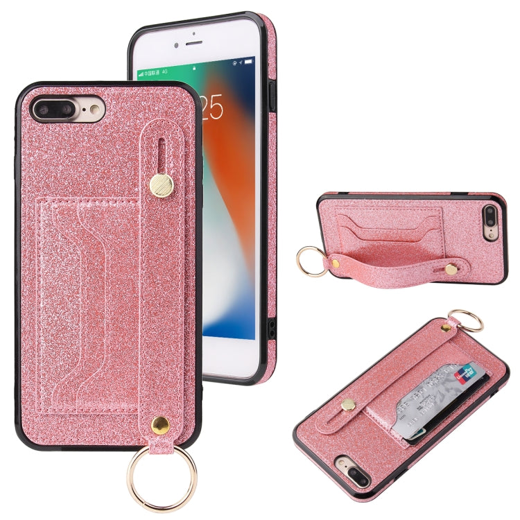 Glitter Powder PU+TPU Shockproof Protective Case with Holder & Card Slots & Wrist Strap