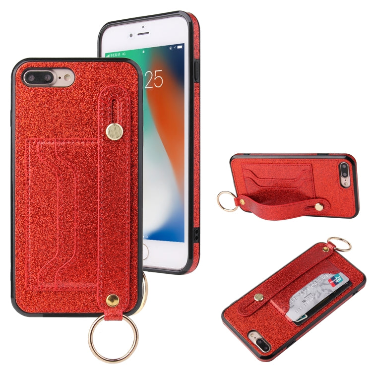 Glitter Powder PU+TPU Shockproof Protective Case with Holder & Card Slots & Wrist Strap