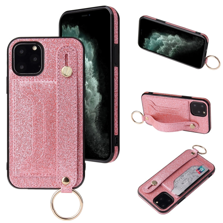 Glitter Powder PU+TPU Shockproof Protective Case with Holder & Card Slots & Wrist Strap