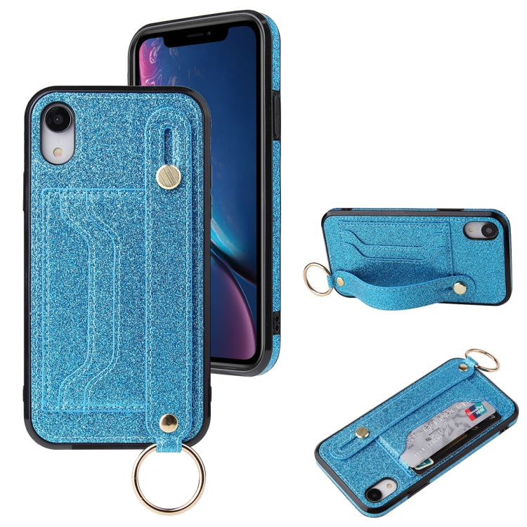 Glitter Powder PU+TPU Shockproof Protective Case with Holder & Card Slots & Wrist Strap