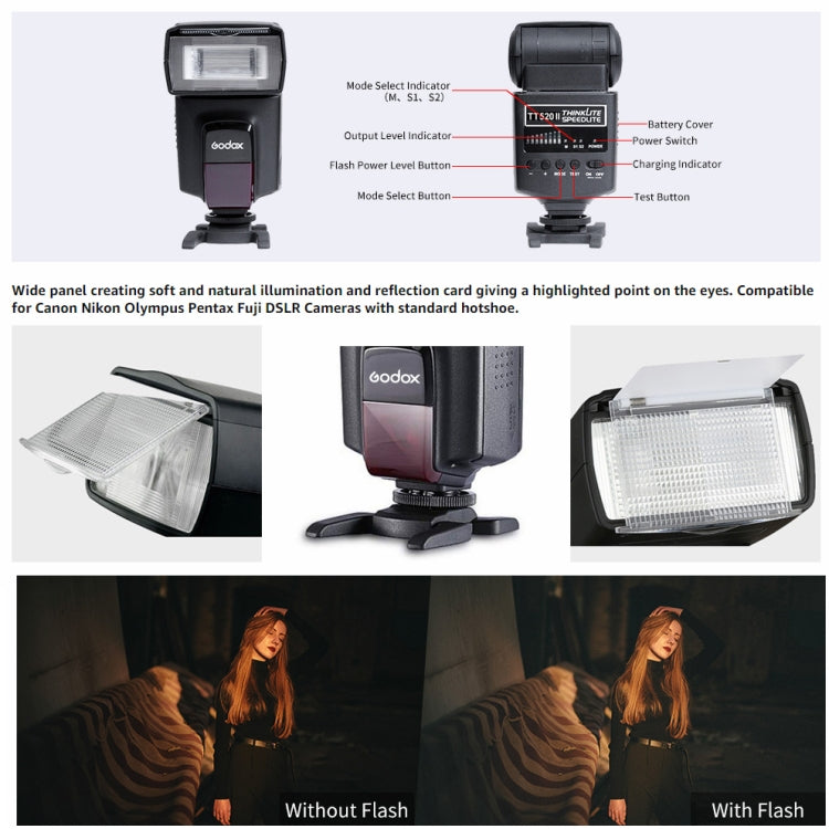 Godox TT520II 433MHZ Wireless 1/300s-1/2000s HSS Flash Speedlite Camera Top Fill Light for Canon / Nikon DSLR Cameras