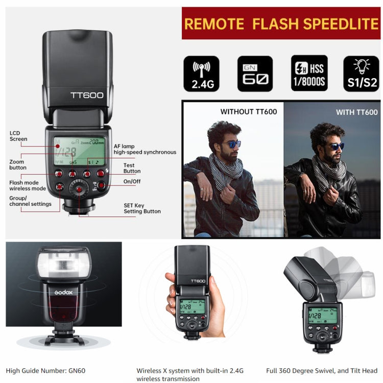 Godox TT600 2.4GHz Wireless 1/300s-1/2000s HSS Flash Speedlite Camera Top Fill Light for Canon / Nikon DSLR Cameras