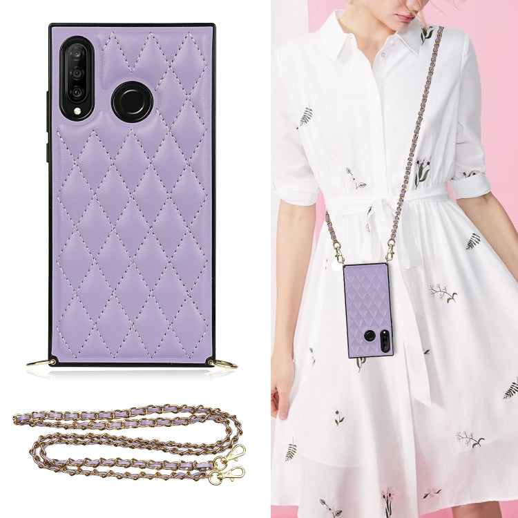 Elegant Rhombic Pattern Microfiber Leather +TPU Shockproof Case with Crossbody Strap Chain