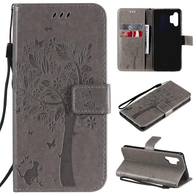 Tree & Cat Pattern Pressed Printing Horizontal Flip PU Leather Case with Holder & Card Slots & Wallet & Lanyard