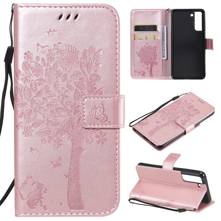 Tree & Cat Pattern Pressed Printing Horizontal Flip PU Leather Case with Holder & Card Slots & Wallet & Lanyard