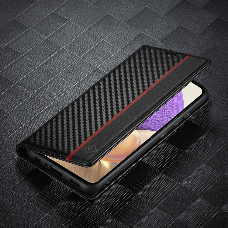 LC.IMEEKE Carbon Fiber PU + TPU Horizontal Flip Leather Case with Holder & Card Slot & Wallet For Samsung Galaxy A32 5G(Vertical Black)