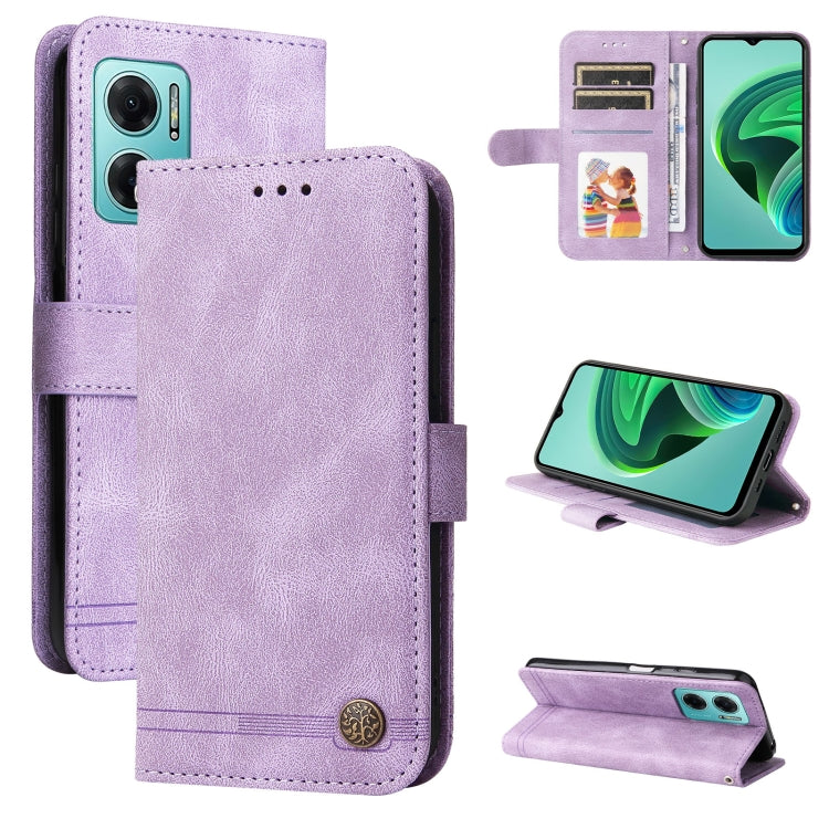 Skin Feel Life Tree Metal Button Leather Phone Case