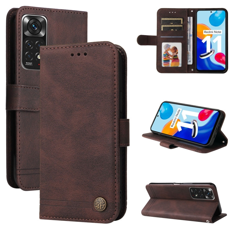Skin Feel Life Tree Metal Button Leather Phone Case