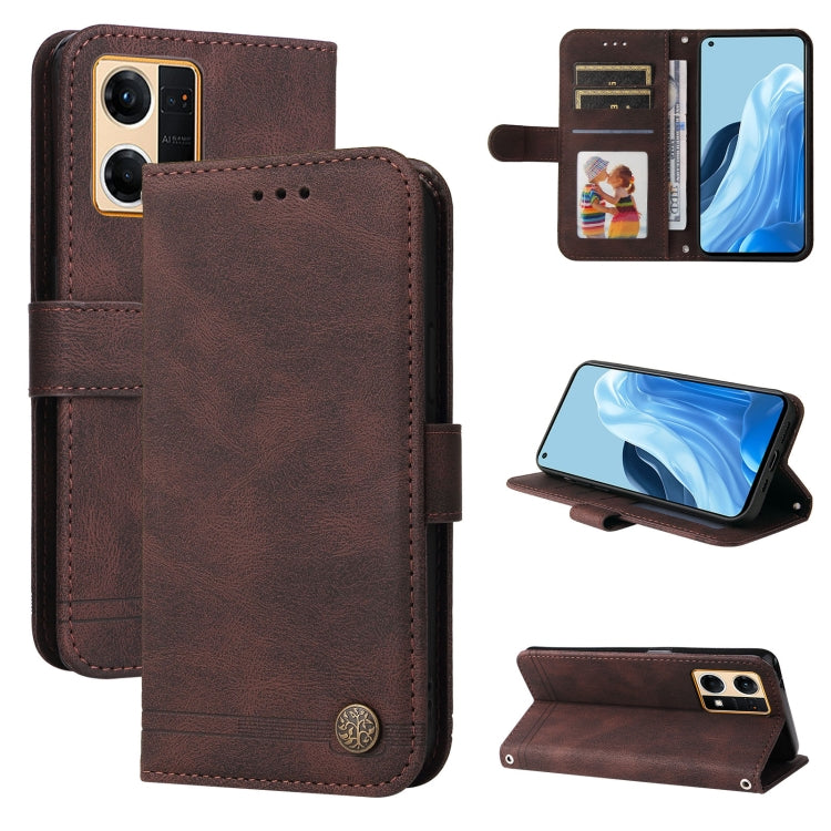Skin Feel Life Tree Metal Button Leather Phone Case