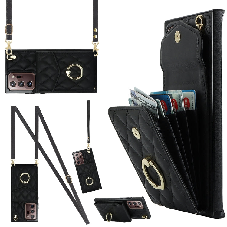 Rhombic Texture Card Bag Phone Case with Long Lanyard