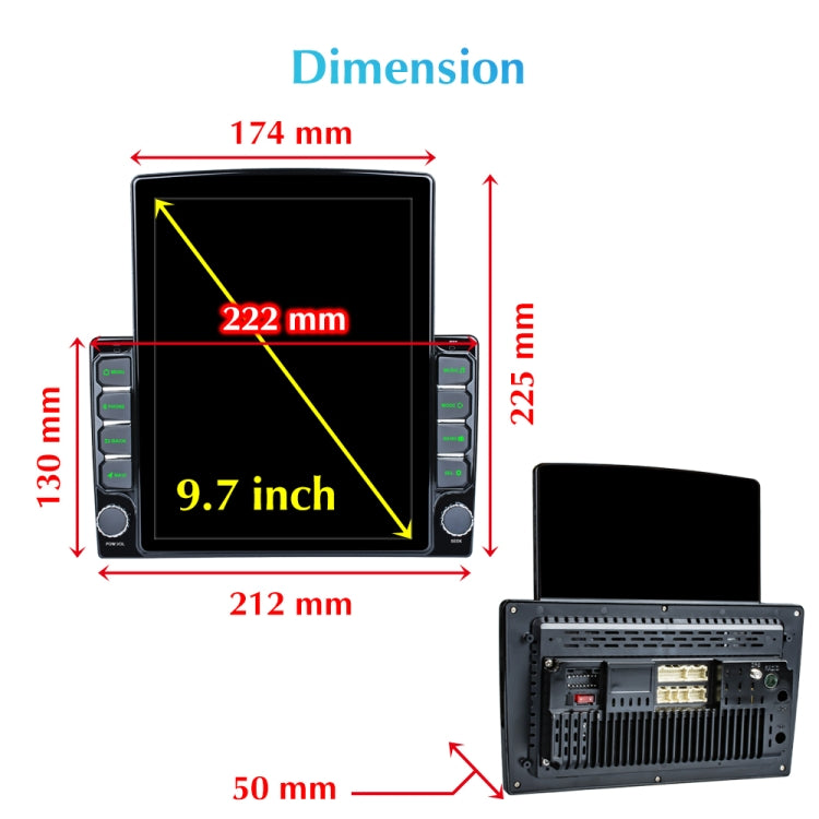 9.7 inch Vertical Screen 2.5D Glass Car Android Universal Player Navigator MP5 Integrated Machine Support Phone Link / GPS / FM / Steering Wheel Control, 1GB+32GB