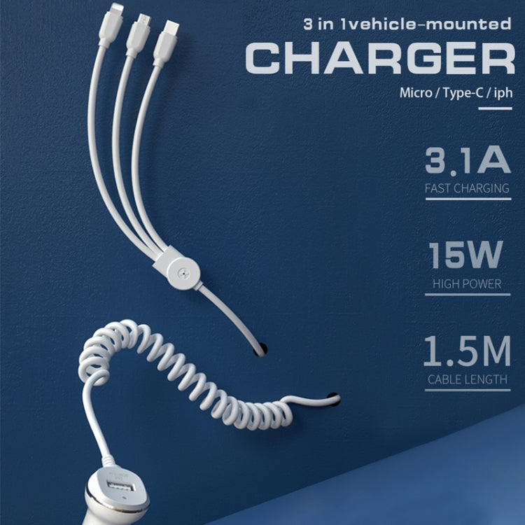 WK WP-C24 3.1A Explore The 3-in-1 Free Edition 8 Pin / Micro USB / USB-C / Type-C Data Cable + USB Car Charger