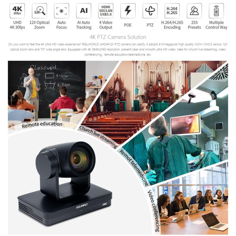 FEELWORLD UHD4K12X 4K PTZ Camera 12X Optical Zoom, Auto Focus SDI HDMI USB IP Remote Control