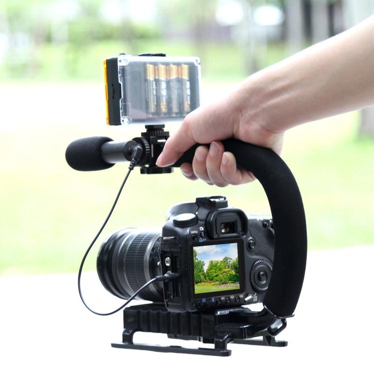 PULUZ U/C Shape Portable Handheld DV Bracket Stabilizer + Video Shotgun Microphone Kit with Cold Shoe Tripod Head for All SLR Cameras and Home DV Camera