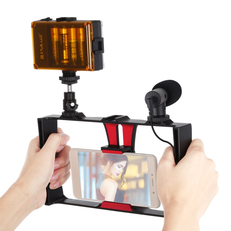 PULUZ 3 in 1 Vlogging Live Broadcast LED Selfie Light Smartphone Video Rig Kits with Microphone + Cold Shoe Tripod Head for iPhone, Galaxy, Huawei, Xiaomi, HTC, LG, Google, and Other Smartphones
