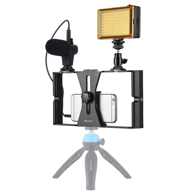 PULUZ 3 in 1 Vlogging Live Broadcast LED Selfie Light Smartphone Video Rig Kits with Microphone + Cold Shoe Tripod Head for iPhone, Galaxy, Huawei, Xiaomi, HTC, LG, Google, and Other Smartphones