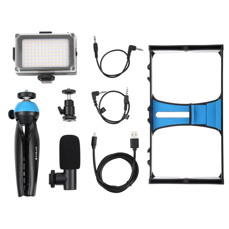 PULUZ 4 in 1 Vlogging Live Broadcast LED Selfie Light Smartphone Video Rig Kits with Microphone + Tripod Mount + Cold Shoe Tripod Head for iPhone, Galaxy, Huawei, Xiaomi, HTC, LG, Google, and Other Smartphones