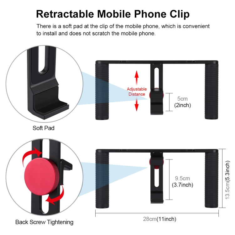 PULUZ 4 in 1 Vlogging Live Broadcast LED Selfie Light Smartphone Video Rig Handle Stabilizer Aluminum Bracket Kits with Microphone + Tripod Mount + Cold Shoe Tripod Head