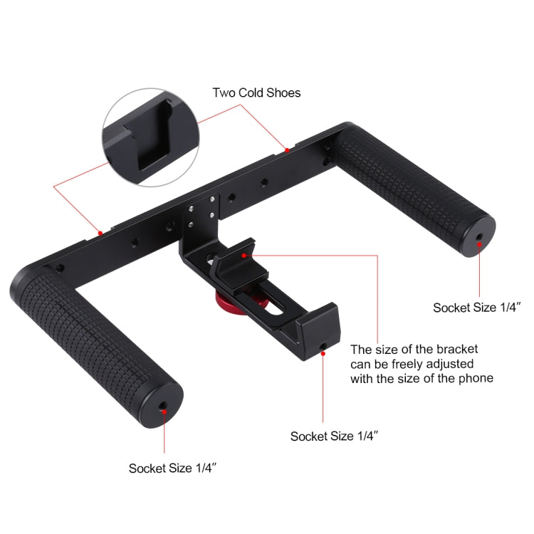 PULUZ 4 in 1 Vlogging Live Broadcast LED Selfie Light Smartphone Video Rig Handle Stabilizer Aluminum Bracket Kits with Microphone + Tripod Mount + Cold Shoe Tripod Head