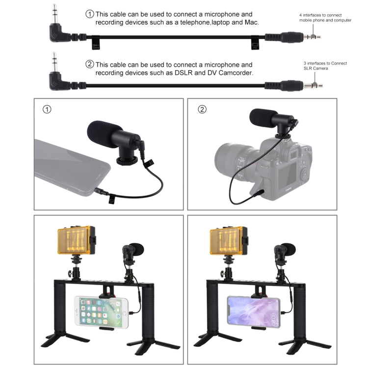 PULUZ 4 in 1 Vlogging Live Broadcast LED Selfie Light Smartphone Video Rig Handle Stabilizer Aluminum Bracket Kits with Microphone + Tripod Mount + Cold Shoe Tripod Head