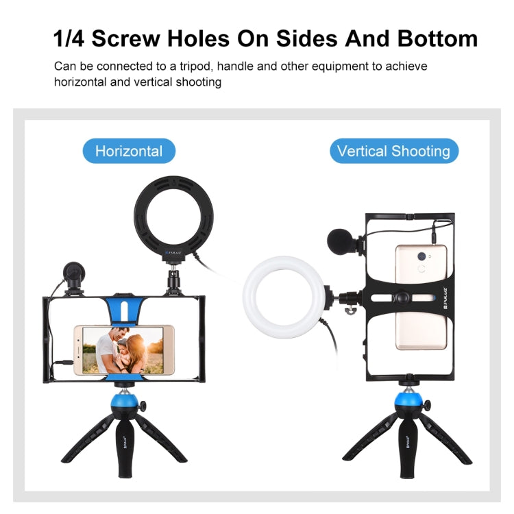 PULUZ 4 in 1 Vlogging Live Broadcast Smartphone Video Rig + 4.7 inch 12cm RGBW Ring LED Selfie Light + Microphone + Pocket Tripod Mount Kits with Cold Shoe Tripod Head