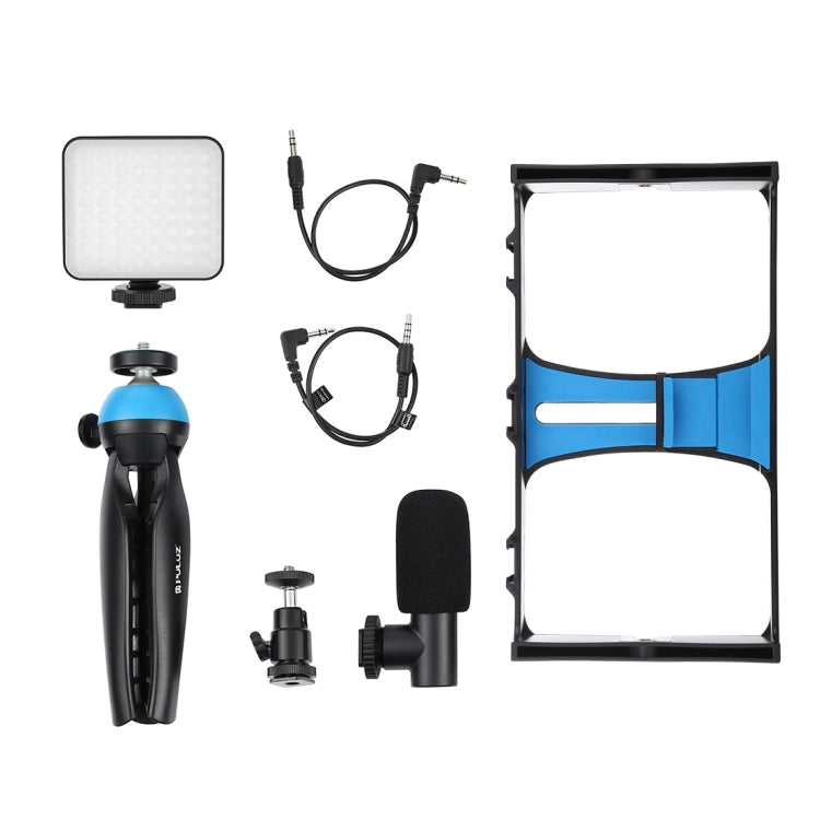PULUZ 4 in 1 Vlogging Live Broadcast LED Selfie Fill Light Smartphone Video Rig Kits with Microphone + Tripod Mount + Cold Shoe Tripod Head for iPhone, Galaxy, Huawei, Xiaomi, HTC, LG, Google, and Other Smartphones