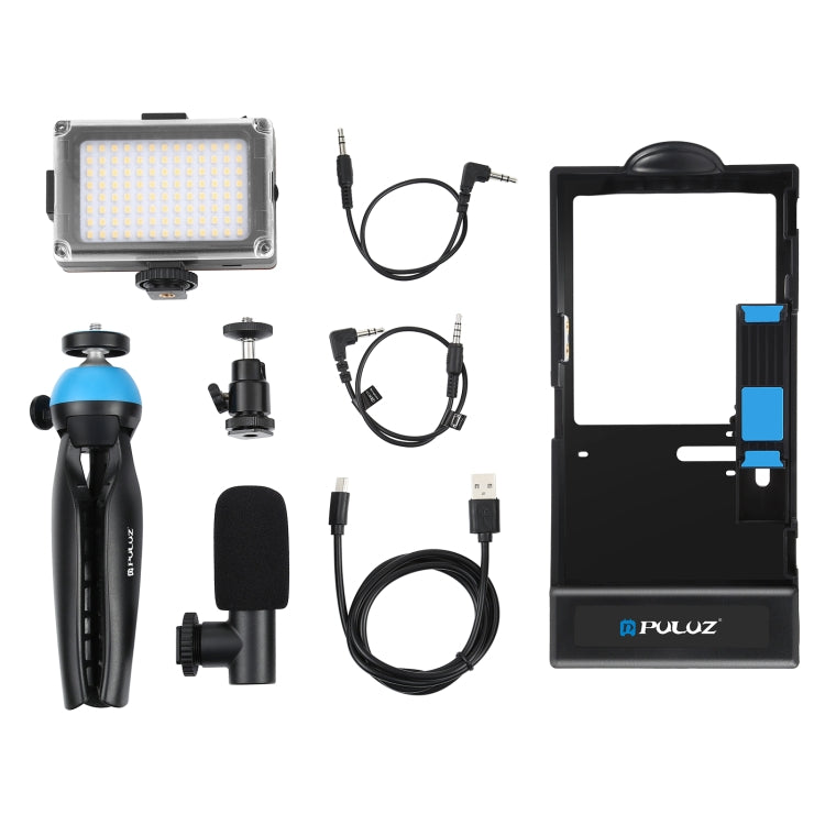 PULUZ 4 in 1 Bluetooth Handheld Vlogging Live Broadcast LED Selfie Light Smartphone Video Rig Kits with Microphone + Tripod Mount + Cold Shoe Tripod Head for iPhone, Galaxy, Huawei, Xiaomi, HTC, LG, Google, and Other Smartphones