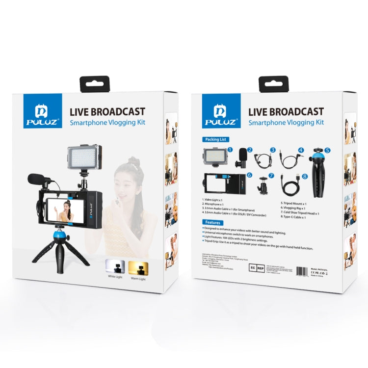 PULUZ 4 in 1 Bluetooth Handheld Vlogging Live Broadcast LED Selfie Light Smartphone Video Rig Kits with Microphone + Tripod Mount + Cold Shoe Tripod Head for iPhone, Galaxy, Huawei, Xiaomi, HTC, LG, Google, and Other Smartphones