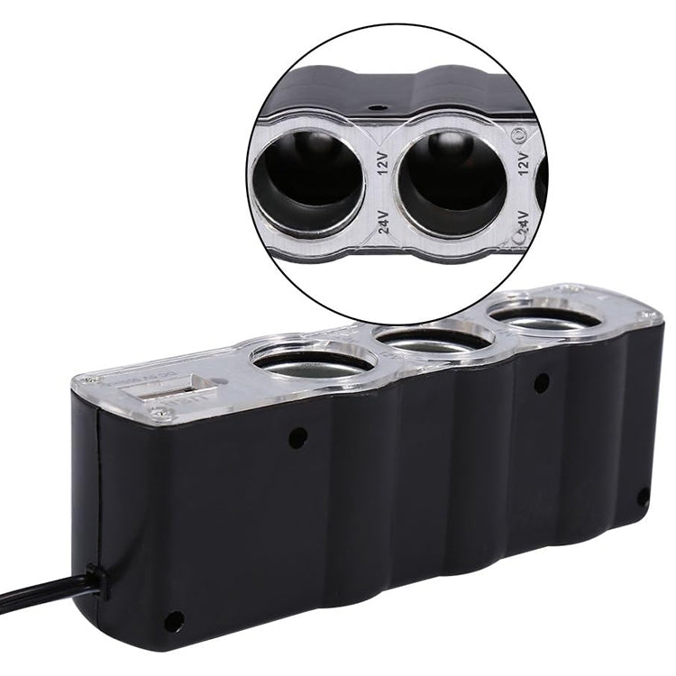 WF-0120 12V / 24V 3 Way Triple Sockets USB Car Cigarette Lighter Socket Splitter Charger