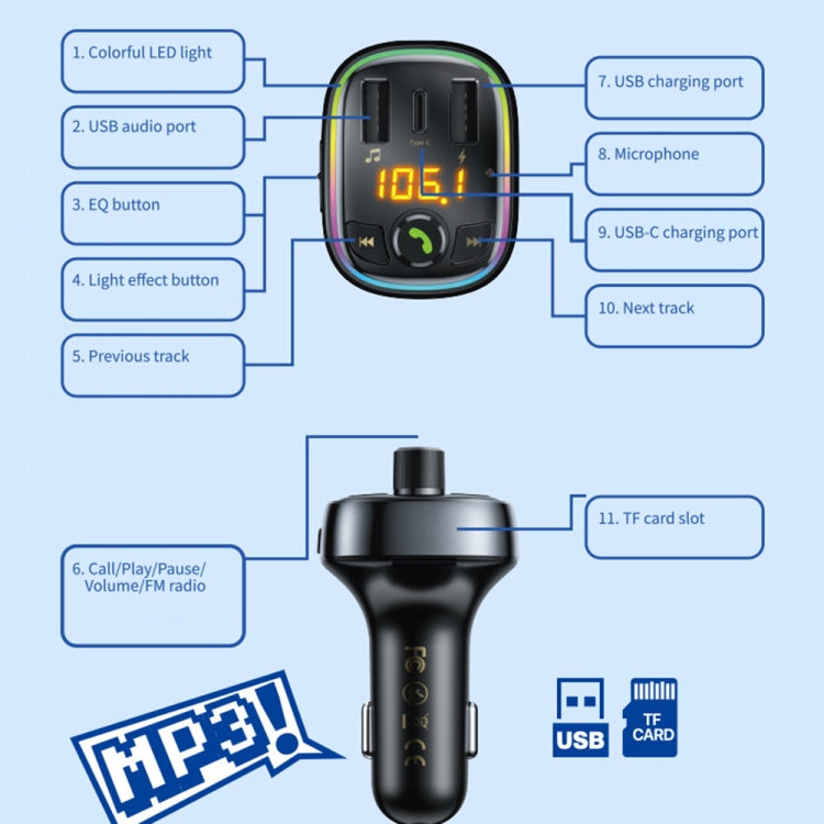WK WP-C39 USB+USB-C/Type-C MP3 Bluetooth Car Fast Charger