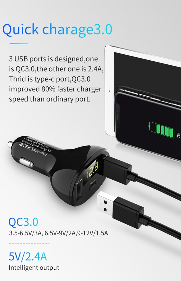 C02 Car Power Adapter in-car Phone Charger Type-C Fast Charger QC3.0 Dual USB Ports DC5V 2.4A 12V 24V Cigarette Lighter Power Supply