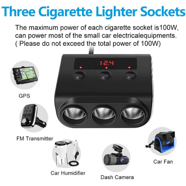 TR12 100W Car Cigarette Lighter One Drag Three With Switch Voltage Display 4USB Car Cigarette Lighteri