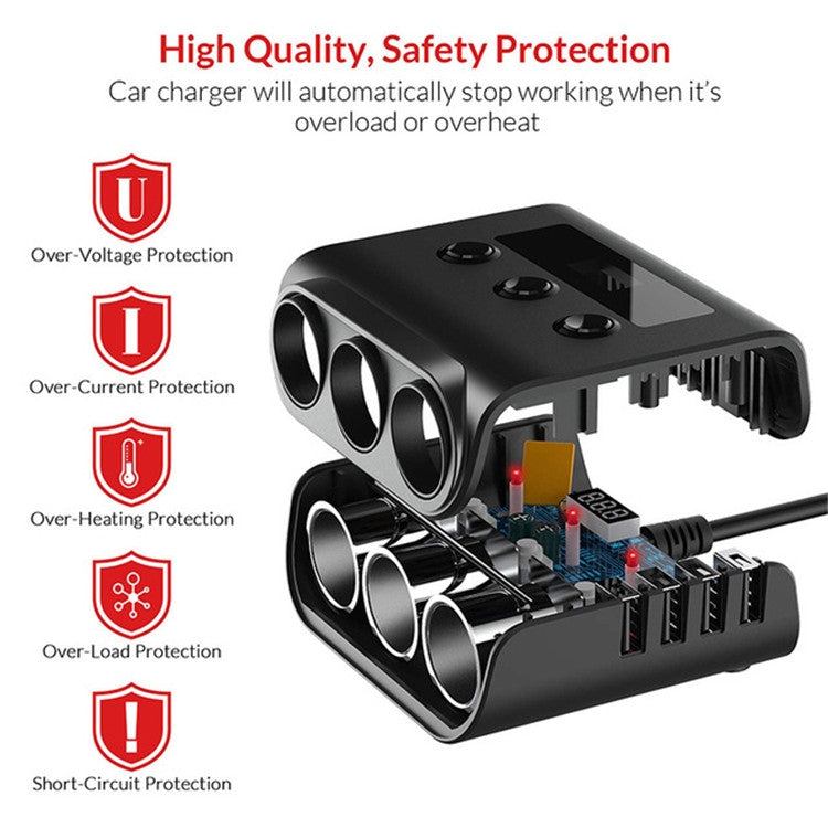 TR12 100W Car Cigarette Lighter One Drag Three With Switch Voltage Display 4USB Car Cigarette Lighteri