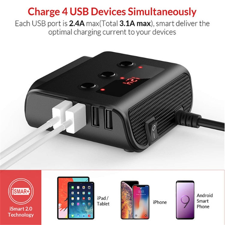 TR12 100W Car Cigarette Lighter One Drag Three With Switch Voltage Display 4USB Car Cigarette Lighteri