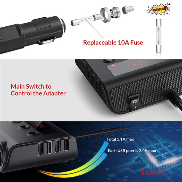 TR12 100W Car Cigarette Lighter One Drag Three With Switch Voltage Display 4USB Car Cigarette Lighteri