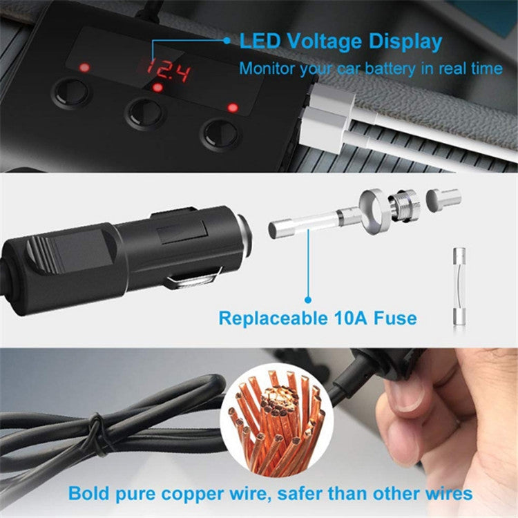 TR12 100W Car Cigarette Lighter One Drag Three With Switch Voltage Display 4USB Car Cigarette Lighteri